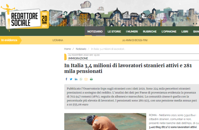 In Italia 3,4 milioni di lavoratori stranieri attivi e 281 mila pensionati